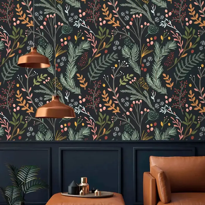 Papier peint botanique à feuilles, papier peint Vintage à fond foncé aux herbes pour la décoration d