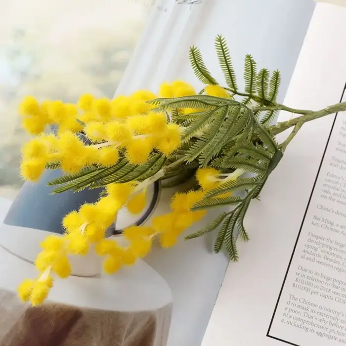 Faux arbre à mimosa blanc pour décoration intérieure, branche de fleurs artificielles, fausse plante