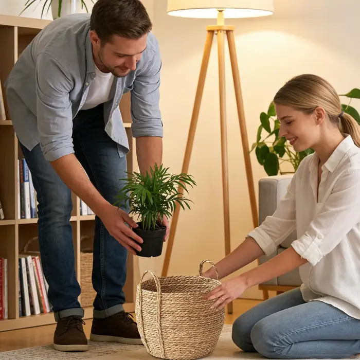 Panier rond en osier avec poignées pour plantes d'intérieur et d'extérieur