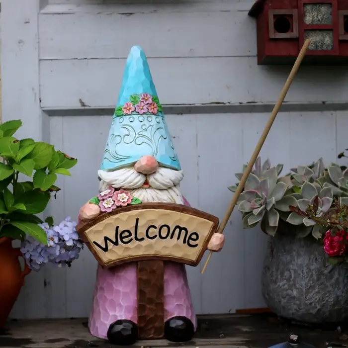 Statue de jardin Gandalf avec panneau de bienvenue, décor de balcon extérieur, Figurine de Gnome fantaisiste tenant une bobine d'encens, ornement de cour Unique