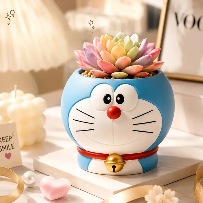 Pot de fleurs succulentes Doraemon, pot à plantes kawaii, mini pot de plantes d'intérieur, décoration de bureau, décoration de jardin, ornement, cadeau parfait
