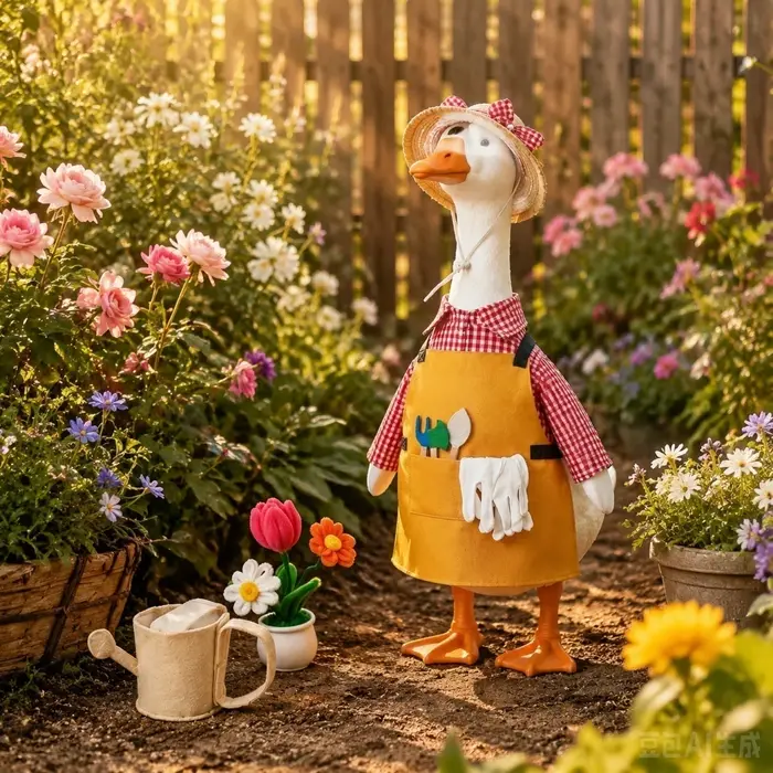 Statue de canard de jardin avec tenue de jardinier et accessoires (chapeau, écharpe), arrosoir et pot de fleurs