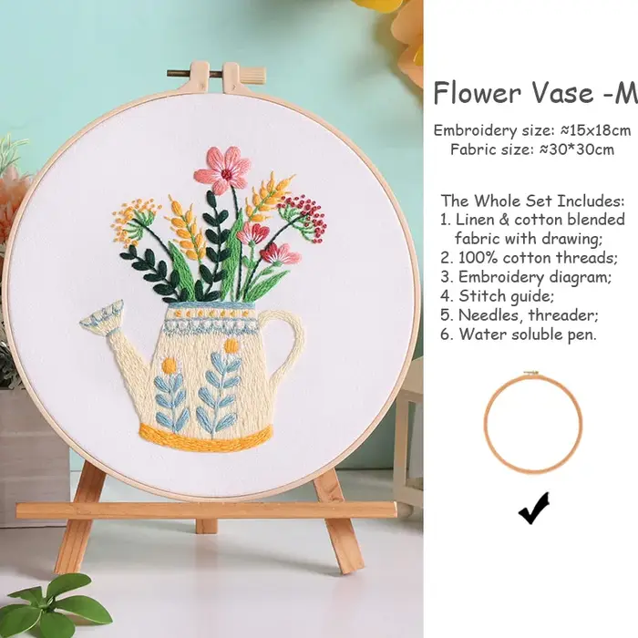 Kit de broderie DIY vintage Set Fleurs en vase et Art des fleurs avec abeille
