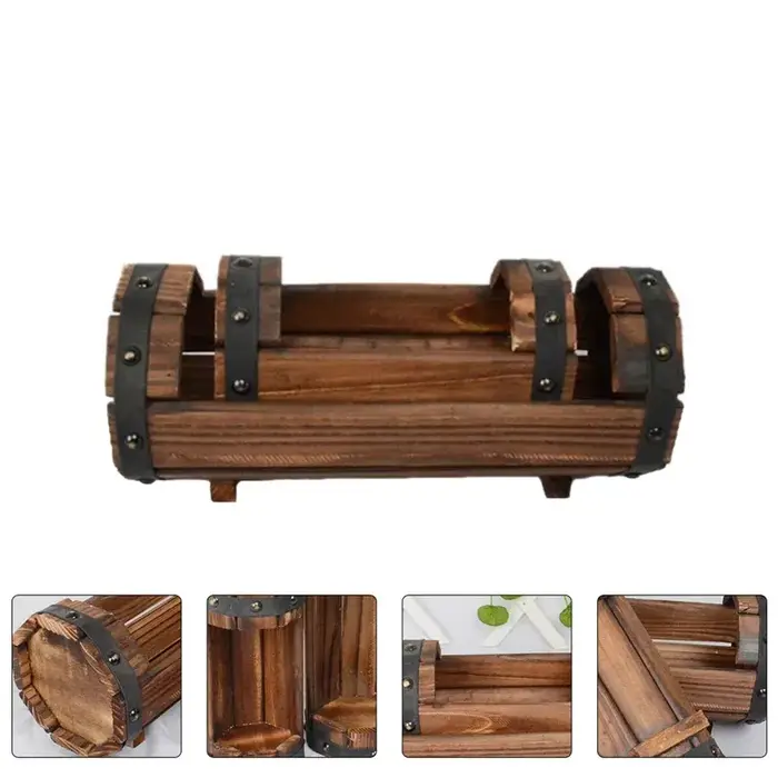 Jardinière demi-baril en bois naturel-1Pc Pot de fleur en bois rétro