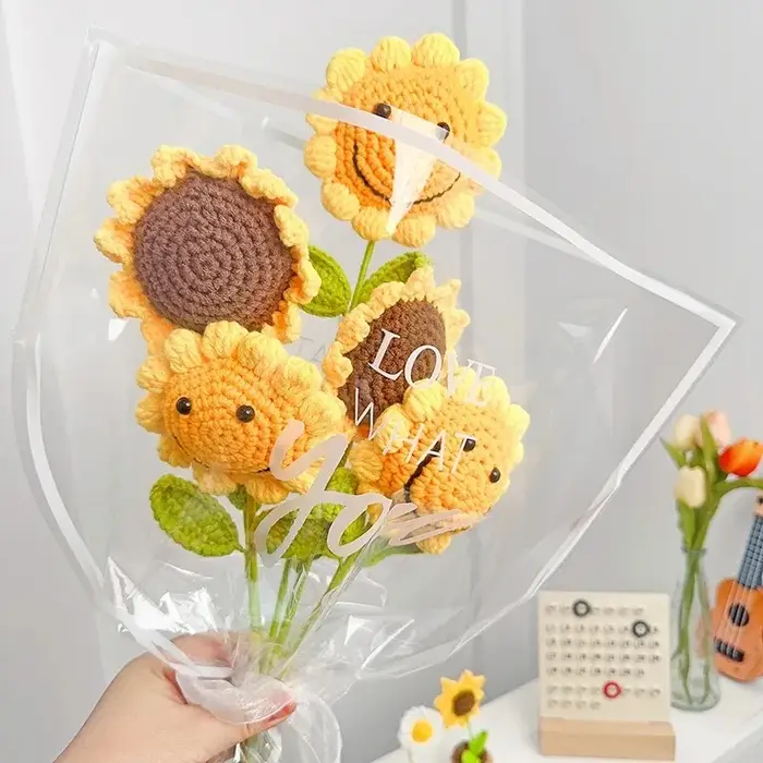 Bouquet de tournesol au crochet en laine fait à la main – 1 branche unique avec visage souriant