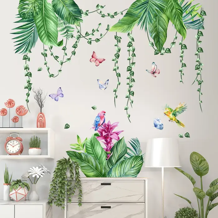 Autocollants muraux de fleurs rouges en plantes vertes, papier peint pour chambre d'enfant, décorati