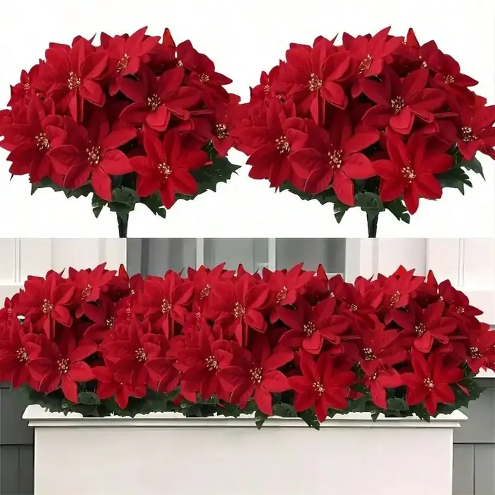 4 pièces de fleurs artificielles de poinsettia, 7 têtes de poinsettia en velours, 13,4 pouces, fleurs de Noël artificielles, poinsettia artificiel