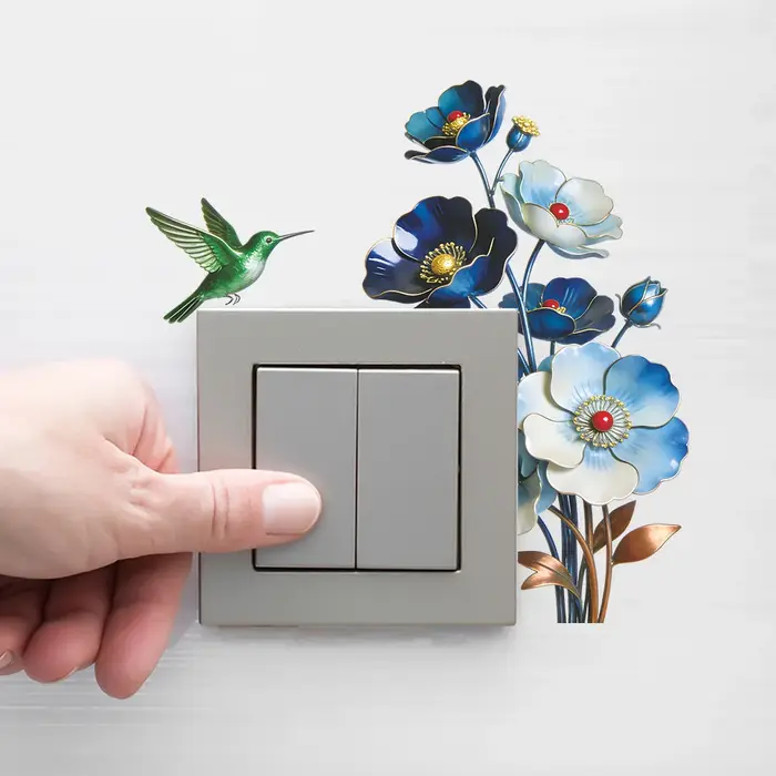 Autocollant mural amovible imperméable à l'eau avec fleurs bleues romantiques pour chambre à coucher