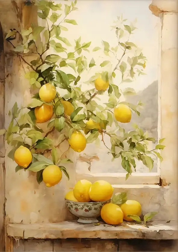 Affiche d'art sur toile avec motif d'olivier et de citron frais d'été, impression rétro minimaliste 