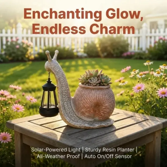 Statue de Escargot en Résine, Pot de Plantes Écologique Résistant au Soleil, Pot de Fleurs Décoratif en Résine avec Lumière LED Chaude, Vase de Jardin