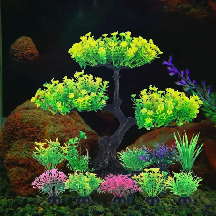 Plantes artificielles en plastique pour aquarium, plantes sous-marines réalistes, arbre à fleurs de cerisier, herbe aquatique de simulation amusante