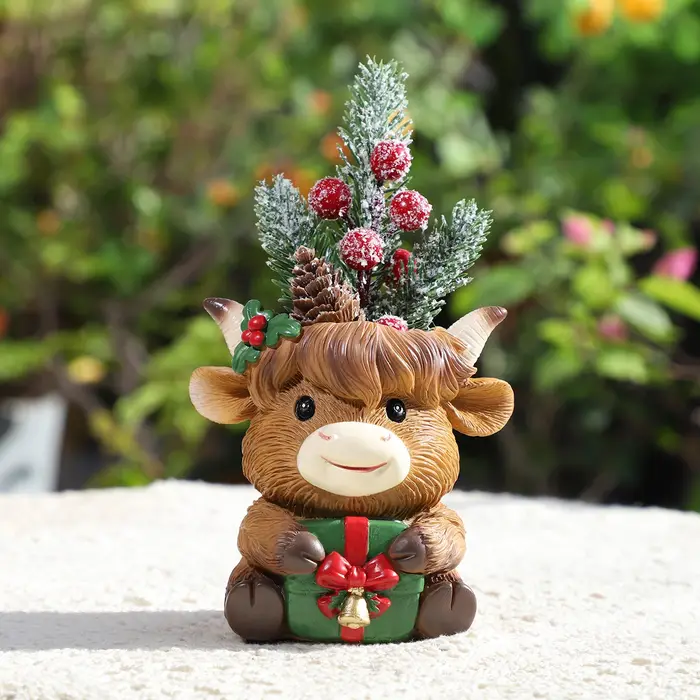 Pot de fleurs en résine en forme de vache des Highlands de Noël pour plantes succulentes, mini ornement de bureau, décoration de jardin féerique