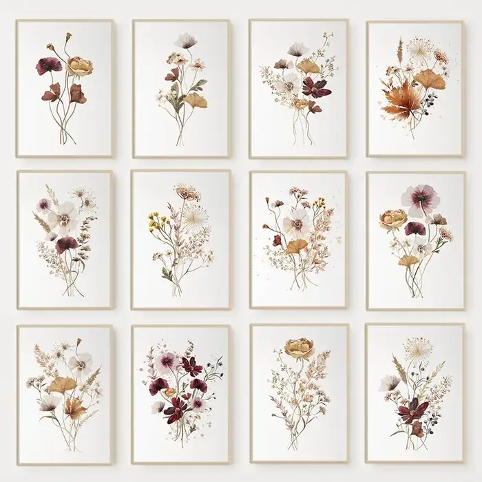 Affiche de bouquet de fleurs sauvages en aquarelle, peinture sur toile botanique florale minimaliste neutre, art mural bohème pour la décoration de la maison