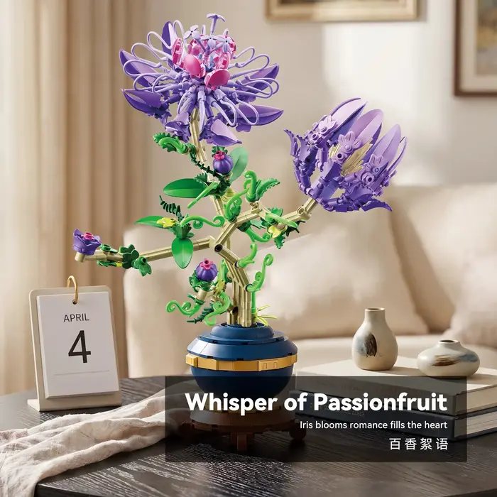 Blocs de construction Modèle Bonsaï Fleur de la Passion Violette, Ensemble de briques botaniques de 