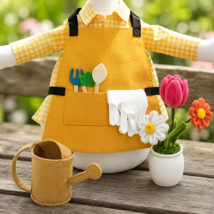 Statue de canard de jardin avec tenue de jardinier et accessoires (chapeau, écharpe), arrosoir et pot de fleurs