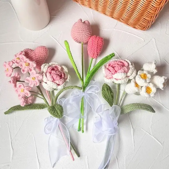 E8BD – Bouquet fleurs artificielles Crochet, pour mariage, saint-valentin, Thanksgiving