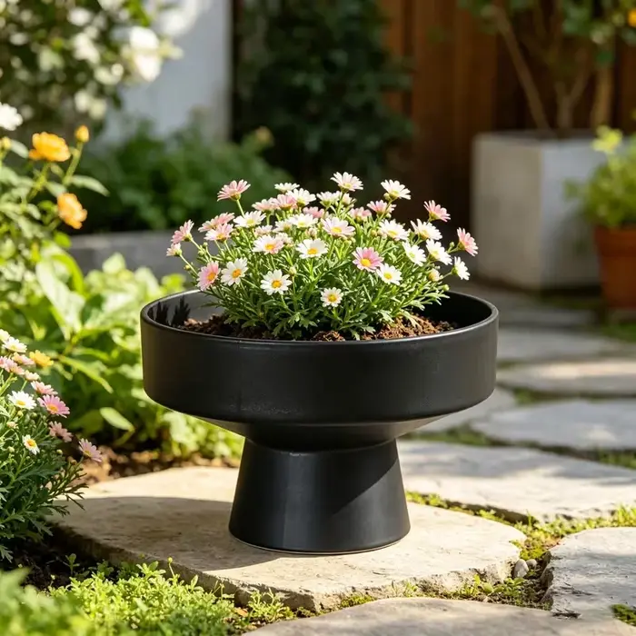 Pot de fleurs noir minimaliste moderne avec base large et peu profonde et pieds hauts pour la décoration du jardin domestique
