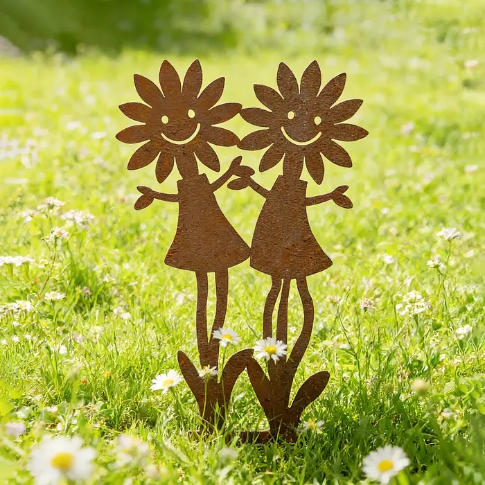 Support double pour fleurs en forme de tournesol vintage rouillé avec visage souriant - Statue décorative amusante pour