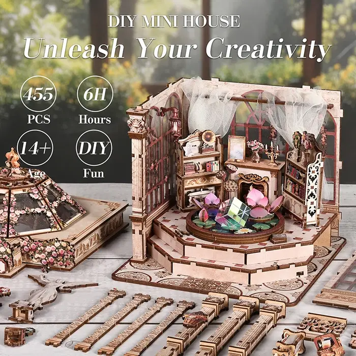 Kit miniature de serre-livres à monter soi-même "Les fleurs s'évanouissent au printemps", modèle de micro-scène en bois assemblé à la main, cadeau créatif