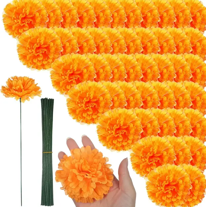 Fleurs de souci artificielles avec tiges, 50 pièces, en vrac, 3.5 pouces, fausses fleurs pour Hallow