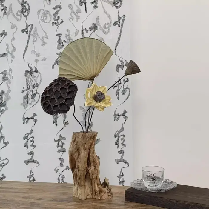Vase de fleurs séchées en bois massif zen rétro chinois