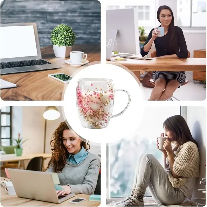 Tasse en verre à double paroi avec fleurs séchées