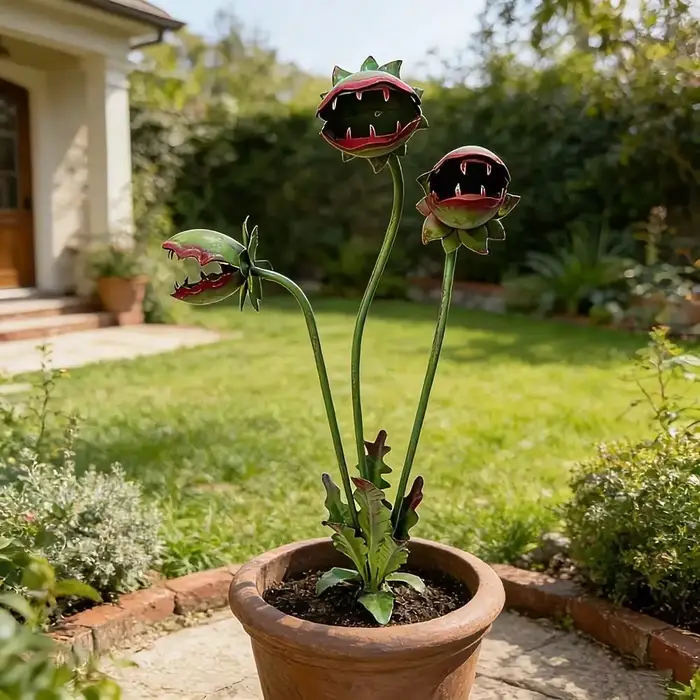Décoration de jardin en métal peint en forme de fleur carnivore