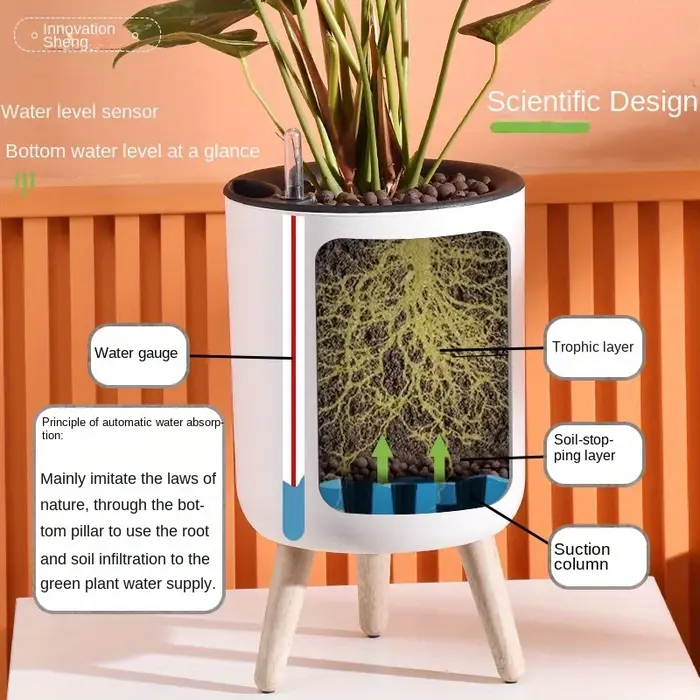 Jardinière auto-arrosante minimaliste nordique, pieds en bois blanc, pot de plante multifonctionnel pour balcon et bureau