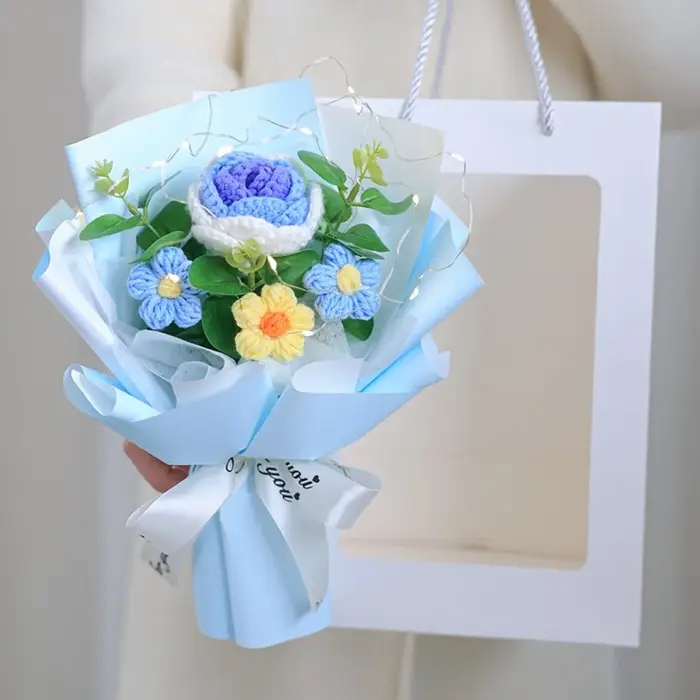 Nouveau Bouquet de fleurs au Crochet en coton tissé avec lampe, fleurs tricotées artificielles faite