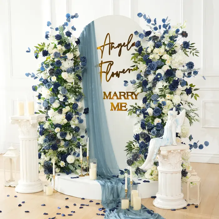 Angela fleur A9032 bleu blanc Rose verdure KT conseil Arrangement Floral mariage toile de fond événement