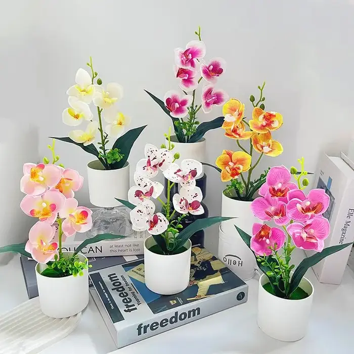 5 Plantes artificielles Phalaenopsis en pot pour la décoration de la maison et du bureau
