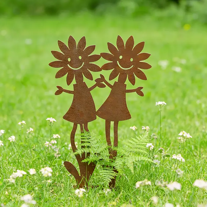 Support double pour fleurs en forme de tournesol vintage rouillé avec visage souriant - Statue décorative amusante pour