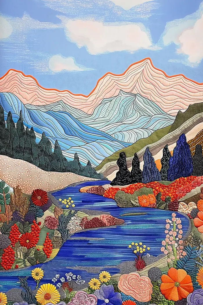 Affiche et impression sur toile de paysage coloré de forêt, fleurs sauvages, lac et montagne, image 