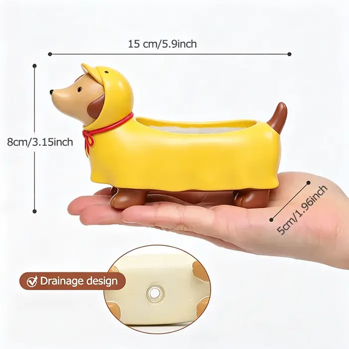Pot à succulentes en résine en forme de Teckel mignon - Adorable pot de fleurs en forme de chien avec trou de drainage pour plantes d'intérieur, bureau et décoration de la maison