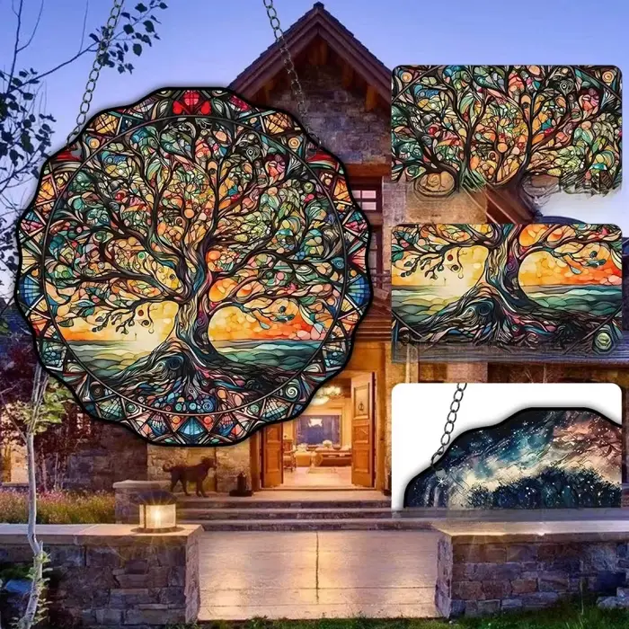 Ornement Arbre de Vie Rond en Acrylique Décoration Murale Universelle Intérieur et Extérieur Plaque Suspendue Lumière
