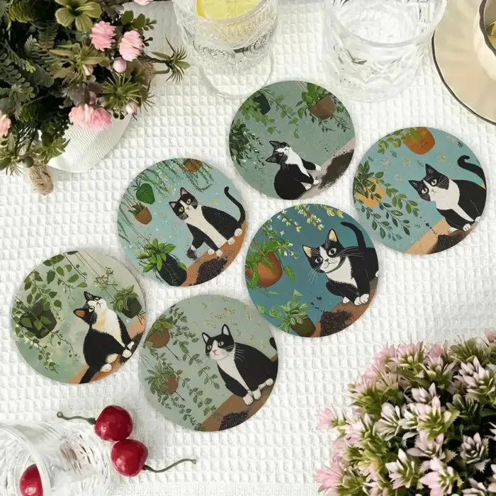 Dessous de verre en bois de plante d'araignée verte de chat de vache de dessin animé 2D-décoration d