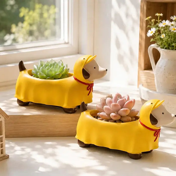 Pot de fleurs en résine en forme de teckel à capuche, pot de plantes miniature, décoration de bureau, balcon, maison, jardin, cadeau pour les amoureux des plantes
