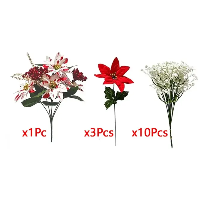 Bouquet de poinsettia artificiel résistant aux UV, baies rouges réalistes, bouquet floral de poinsettia, pommes de pin, feuilles luxuriantes