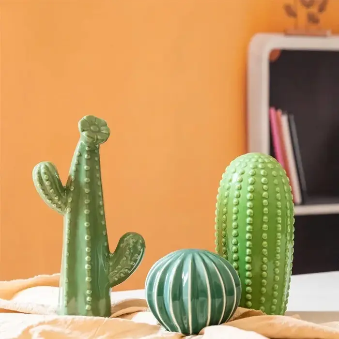 Ornement en céramique vert cactus figue de Barbarie, style minimaliste nordique, artisanat artistique, décoration de bureau, hall d'entrée, salon, décoration intérieure