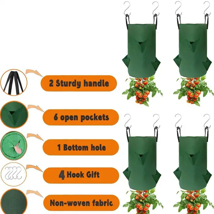 Sacs de culture inversés pour tomates et fraises, 5 pièces, en tissu respirant et suspendable, avec 6 trous de plantation