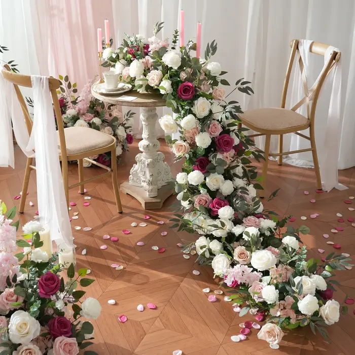H9094 HMEOT Arche florale artificielle rose vif et feuilles vertes pour décoration de mariage