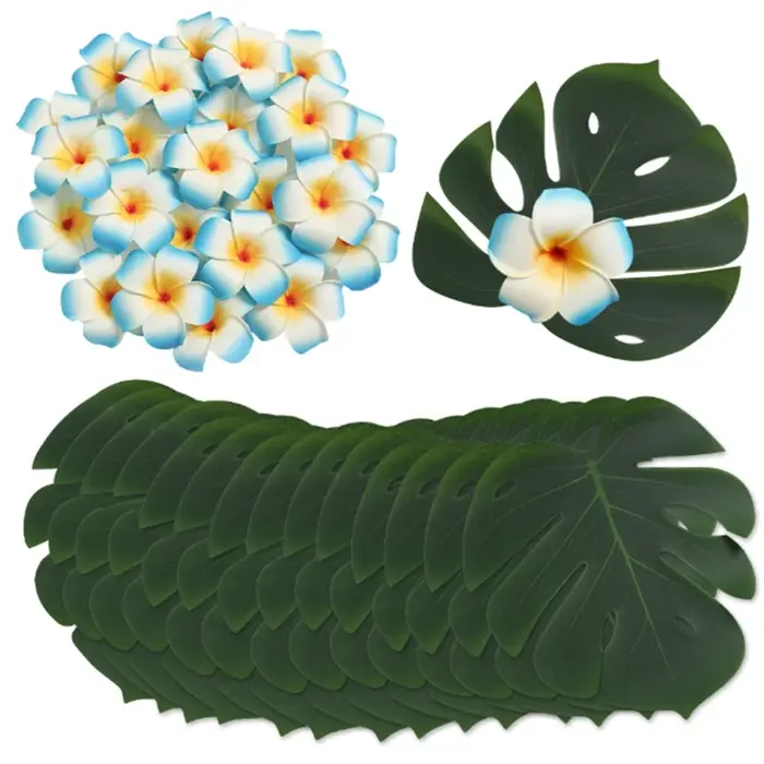 10 pièces de fleurs artificielles, feuilles de palmier, fleurs de Plumeria simulées pour fête tropic