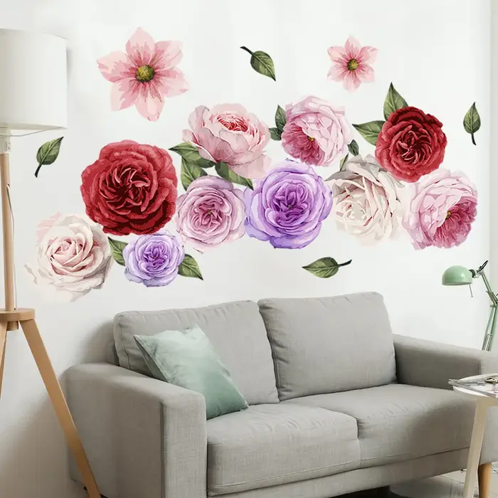 Grands fleurs multicolores Stickers muraux salon chambre fond décor Mural fleur décoration de la maison autocollants auto-adhésifs