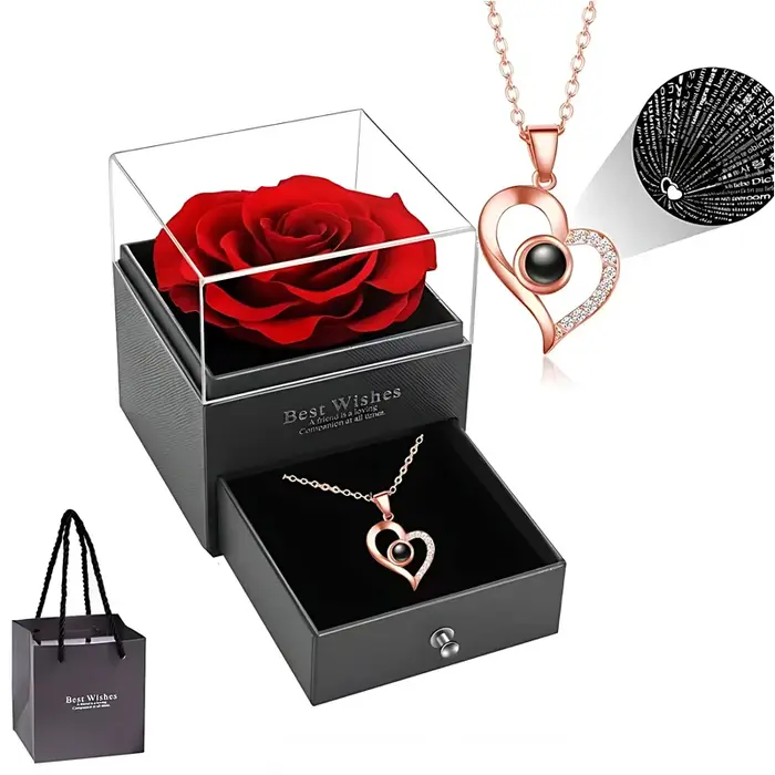 Un ensemble de roses artificielles préservées dans une boîte cadeau