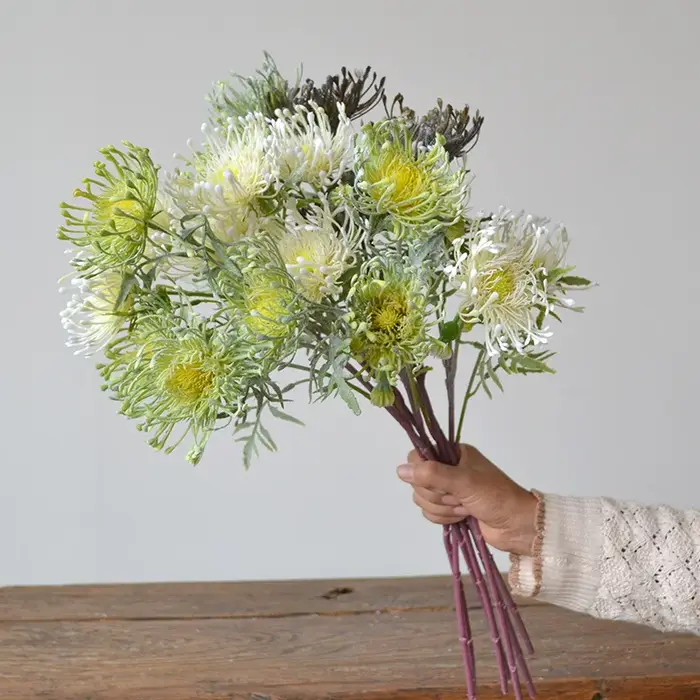Fleurs artificielles de Leucospermum floquées pour la décoration de mariage flores artificiales fausse fleur en
