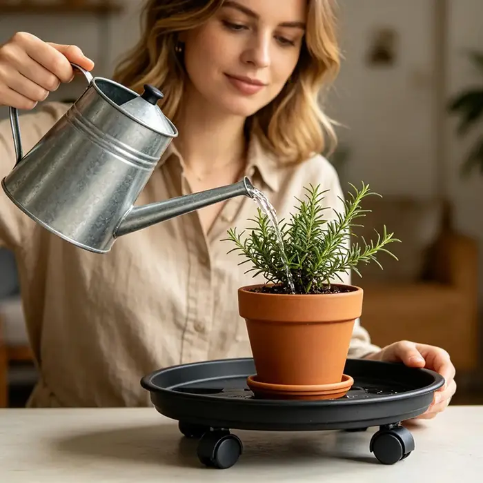 Support de plante robuste à 4 roues avec plateau de drainage