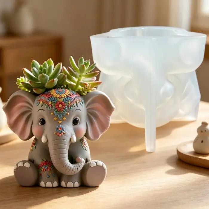 Moule en silicone pour pot de fleurs en résine, motif éléphant accroupi et plante succulente, boîte de rangement éléphant en relief floral, moule en gypse pour bougie