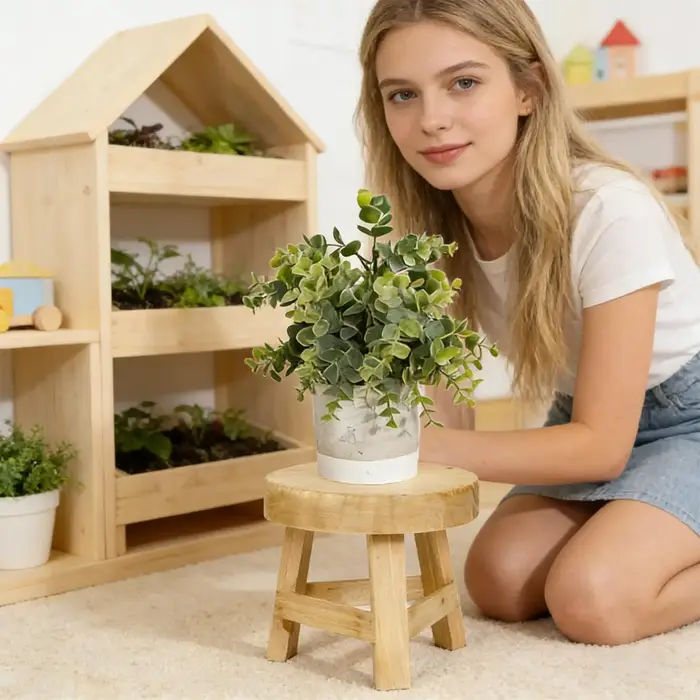 Petit tabouret rond en bois pour plantes d'intérieur