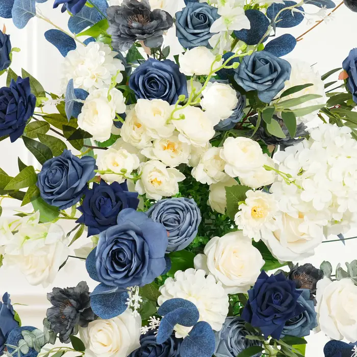 Angela fleur A9032 bleu blanc Rose verdure KT conseil Arrangement Floral mariage toile de fond événement
