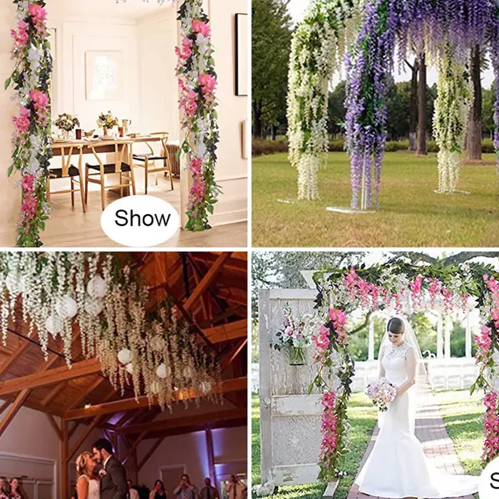 2 pièces 7ft guirlande de fleurs de soie artificielles glycine fleur vigne couronne